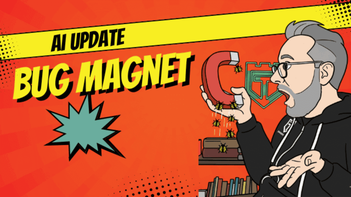 Illustration of a person holding a magnet attracting bugs, with the text "AI Update Bug Magnet" on a comic-style background—perfect for showcasing your favorite Free Testing Tool or Exploratory Testing Tool.