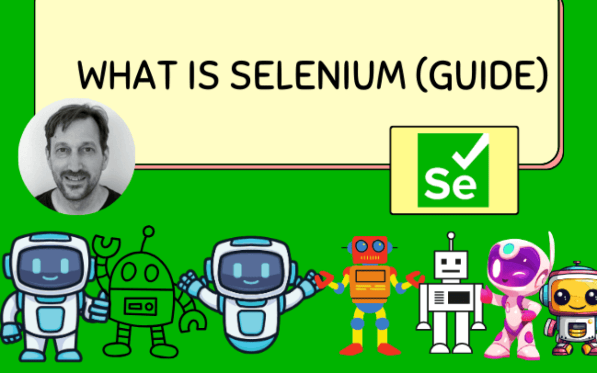 An introductory guide to selenium with various cartoon robots and the selenium logo.
