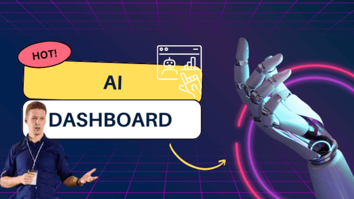 A man points to a sign labeled "AI DASHBOARD" with a robotic hand reaching out and various technology icons in the background. Highlighting Dzmitry Humianiuk's innovation, the word "HOT!" appears above the sign, showcasing cutting-edge AI-powered Test Automation features.