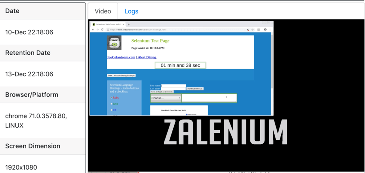 Zalenium Selenium Script Playback Video