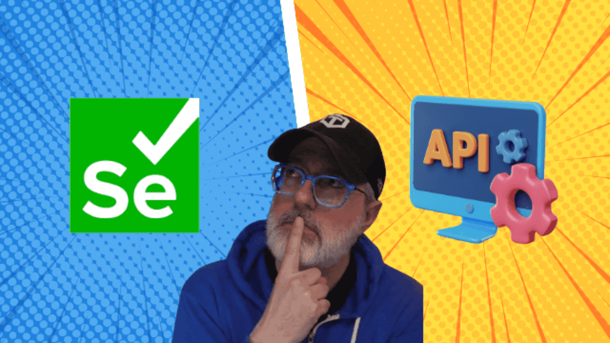 A person contemplating with a hand on their chin against a background split into blue and yellow halves, with a "Selenium" checkmark logo on the left and an "API Testing" speech bubble on
