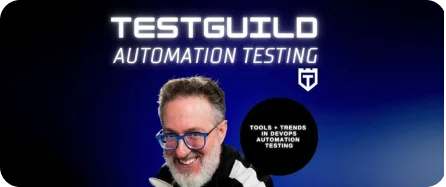 A man with glasses and a blue background with the words testguild automation testing.
