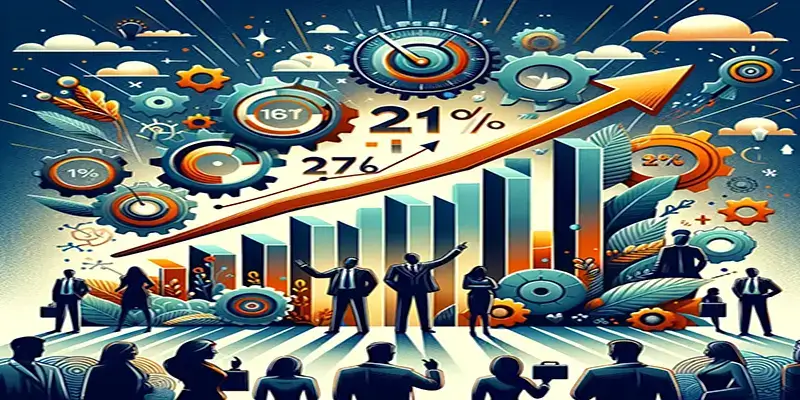 Illustration of businesspeople with a dynamic background featuring charts, gears, and a rising graph, depicting growth and industrial success.