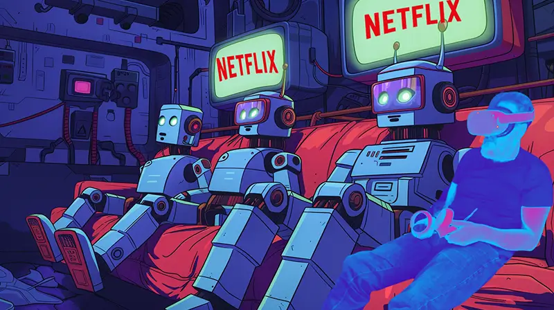 A group of robots and a translucent human figure lounging and watching netflix in a futuristic setting.