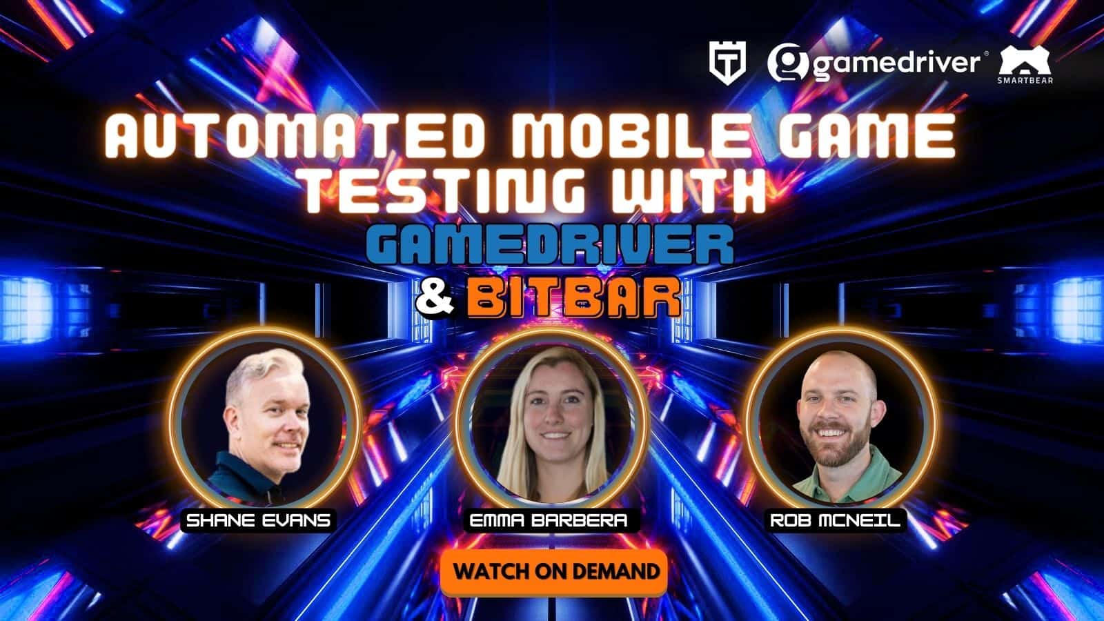 Promotional image for a webinar on automated mobile game testing, featuring speakers shane evans, emma barrera, and rob mcneil with a futuristic background.
