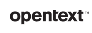 Logo of opentext, featuring the word "opentext" in lowercase black letters with a trademark symbol on the right.