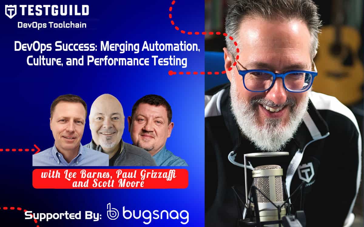 Promotional banner for a DevOps talk featuring Lee Barnes, Paul Grizzaffi, and Scott Moore, focusing on Automation, culture, and Performance Testing, supported by Bugsnag.