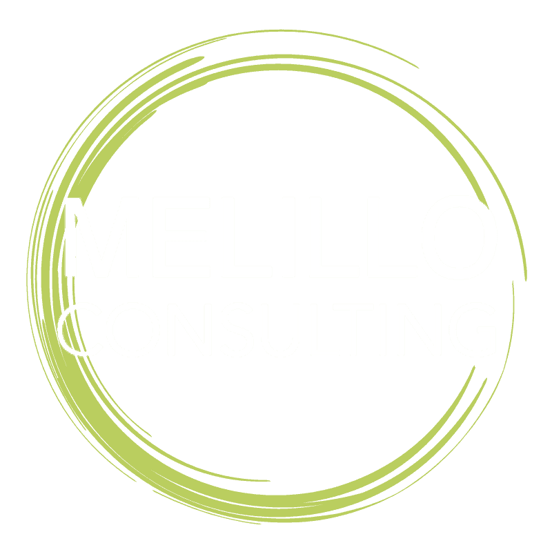 Logo of melillo consulting featuring a green circular swirl around the company name in green and white text.