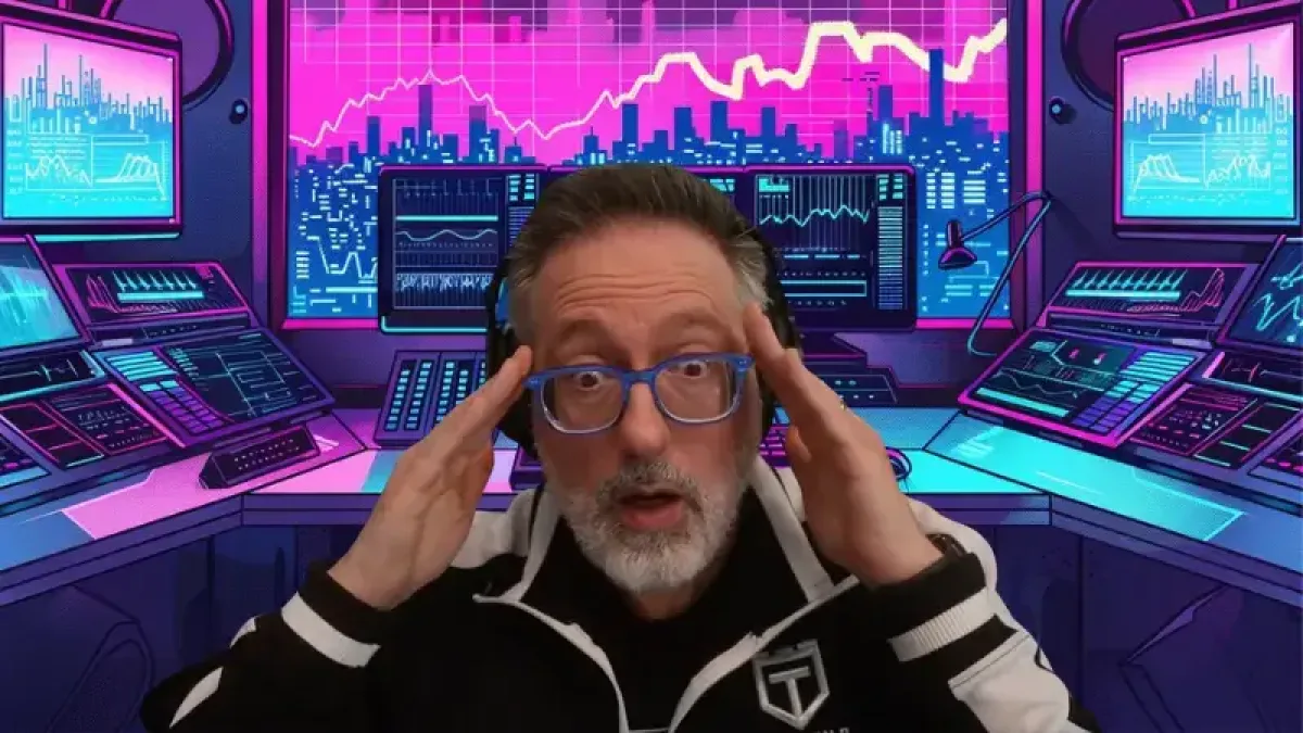 Man in glasses and hoodie adjusts his spectacles, startled or focused, in a colorful high-tech control room filled with futuristic screens displaying graphs and data.