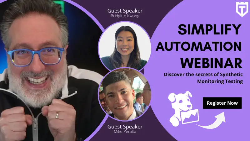 Webinar ad featuring a joyful man with glasses, guest speakers brigitte kwong and mike peralta, and text inviting to "simplify automation webinar" with a registration prompt.