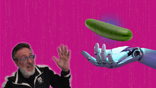 A man with glasses reacts playfully to a floating cucumber near a robotic hand, set against a pink digital-patterned background.