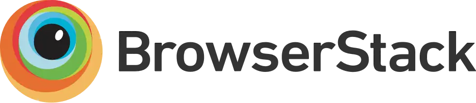 Logo of BrowserStack with a stylized eye graphic in multicolor on the left and the name "BrowserStack" in black on a white background.