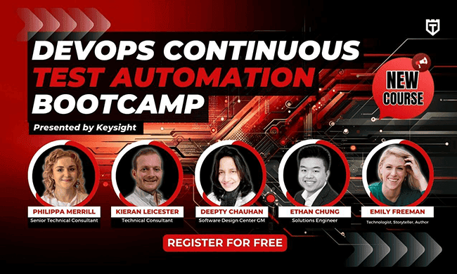 A promotional banner for "develops continuous test automation bootcamp" featuring headshots of five professionals and a "register for free" button.