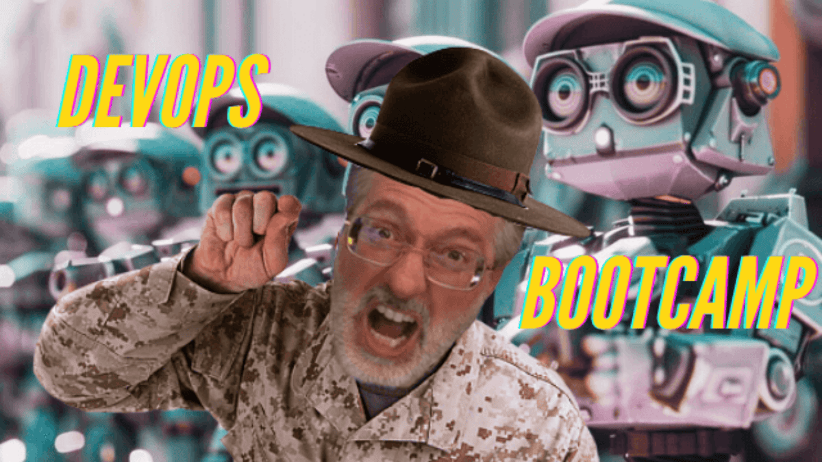 A person in military attire shouting, surrounded by cartoonish robots, with "DEVOPS BOOTCAMP" written in yellow text, illustrating the intensity of Continuous Testing.