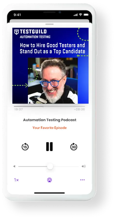 A smartphone displaying a podcast application featuring an episode with a smiling man wearing glasses and headphones.