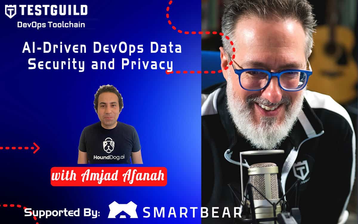 A promotional poster for a TestGuild DevOps Toolchain event titled "AI-Driven DevOps: Enhancing Data Security and Privacy" featuring Amjad Afanah and supported by SmartBear.