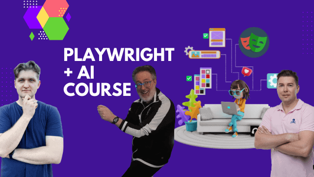 Image depicting a "Playwright + AI Course" with three men in varied poses next to illustrated graphics, including a person with a laptop and icons representing software and theater.