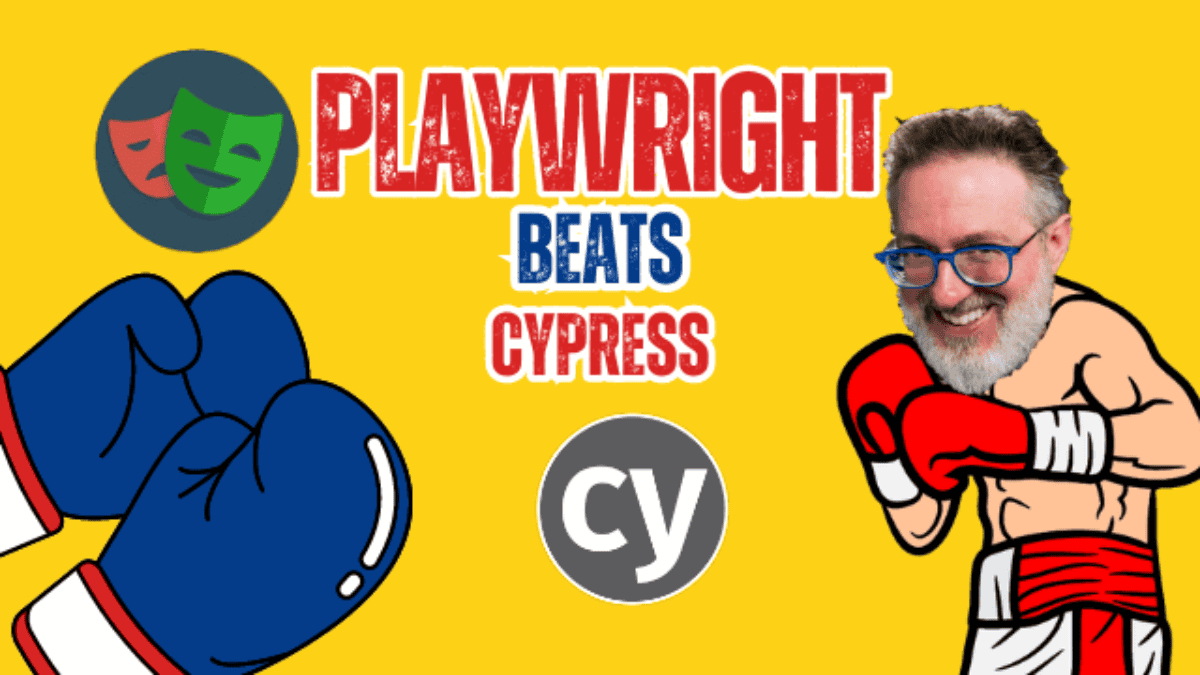 A cartoon boxer wearing red gloves and shorts stands alongside the text "Playwright Beats Cypress" against a yellow background, symbolizing a playful rivalry in test automation, complete with boxing gloves and logos for both Playwright and Cypress.