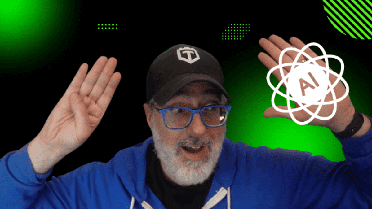 A person wearing a black cap and blue glasses, posing with raised hands against a black and green background. A stylized "AI" symbol is near their right hand.