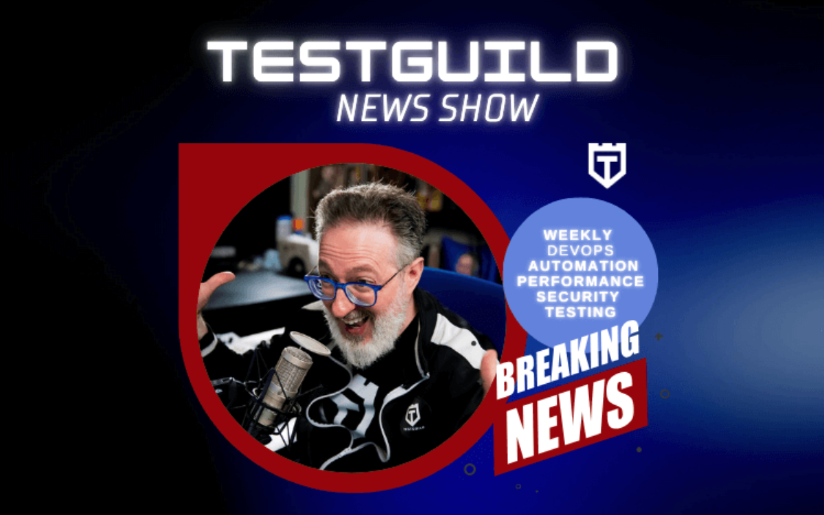A person is speaking into a microphone on the "TestGuild News Show" with topics including weekly DevOps, automation, performance, and security testing. "Breaking News" is highlighted at the bottom.