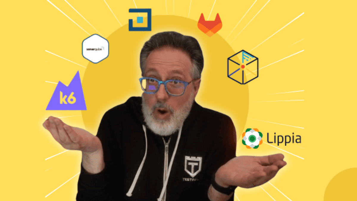 A person with glasses and a beard, wearing a black hoodie, gestures with palms up. Various software logos including Lippia, k6, GitLab, and others appear on a yellow background.