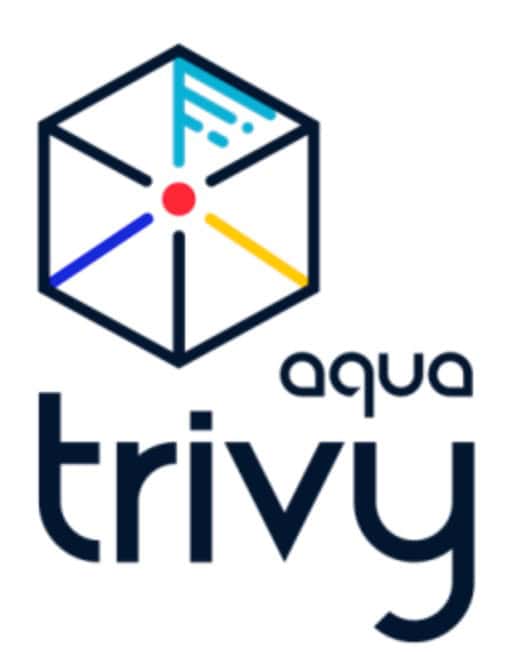 Logo of "Aqua Trivy" featuring a hexagonal geometric design with a red dot at the center and lines extending to the edges, above the text "aqua trivy".