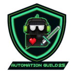 Logo for Automation Guild 25 featuring a pixelated robot with headphones, a heart, and a sword inside a green shield. Text at the bottom reads "AUTOMATION GUILD 25" in a pixelated font. The design celebrates the upcoming innovations of 2024.