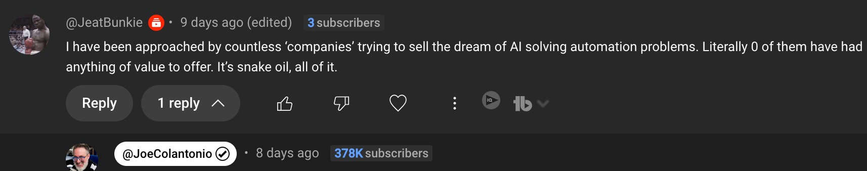 Screenshot of a YouTube comment thread. The comment by @LeadBunkie criticizes AI companies for overpromising solutions, referring to their offers as "snake oil." @JoeDelantonio replied, mentioning the potential of Test Automation in mitigating some issues.