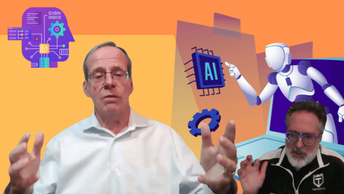 Two men speaking, with illustrations of a robotic head, AI chip, and robot in the background. One man wears a white shirt, the other a black jacket. The scene subtly hints at Symbolic AI advancements while touching upon the future of Test Automation in tech discussions.