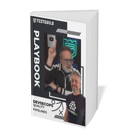 3D rendering of a book titled "TestGuild Playbook DevSecOps Quality Pipelines." The cover features two men, one pointing upwards and the other smiling, with tech-themed graphics and logos in the background.