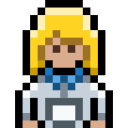 8-bit pixel art of a character with yellow hair, wearing a white and gray outfit with a blue scarf.