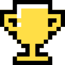 Pixelated image of a trophy with a yellow cup and black handles, designed in a retro video game style.