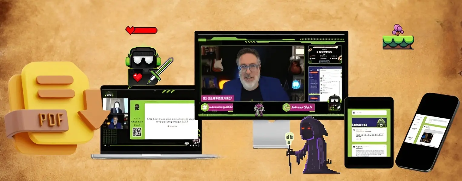 A digital event setup with a virtual presentation featuring a speaker on a monitor, surrounded by various screens and pixel art characters, including digital icons for PDF and other elements.