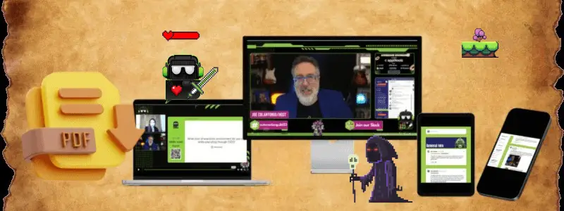 A digital setup with a computer, laptop, tablet, and smartphone displaying various video game-themed graphics and a video call with a person on the main screen.