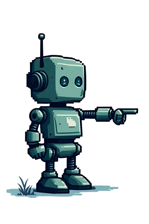 A green cartoon robot with antennas is pointing to the right. It stands on a small patch of grass.