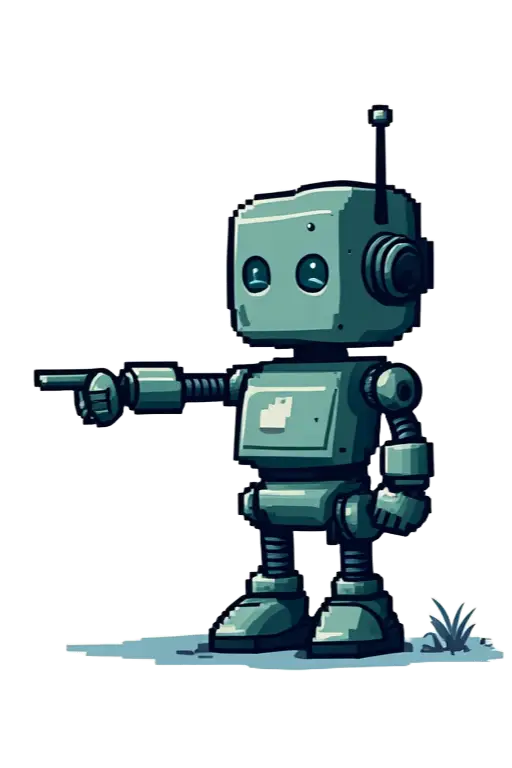 A cartoon robot with an antenna is pointing to the left, standing on a small patch of ground.