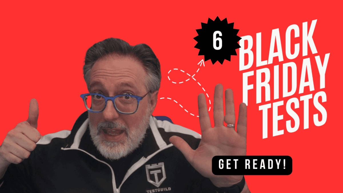 Man with glasses and beard gives thumbs up, showing six fingers against a red background. Text reads "6 Black Friday Performance Tests" and "Get Ready!" Perfect your strategy with these SEO insights.