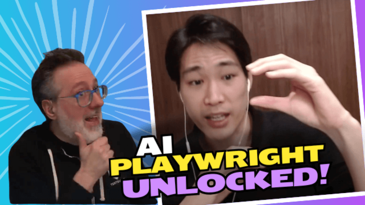 Two people in a video call enthusiastically discussing AI Playwrights. One person gestures with their hands as they delve into the nuances of test case generation. Text reads "AI Playwright Unlocked!" in bold letters.