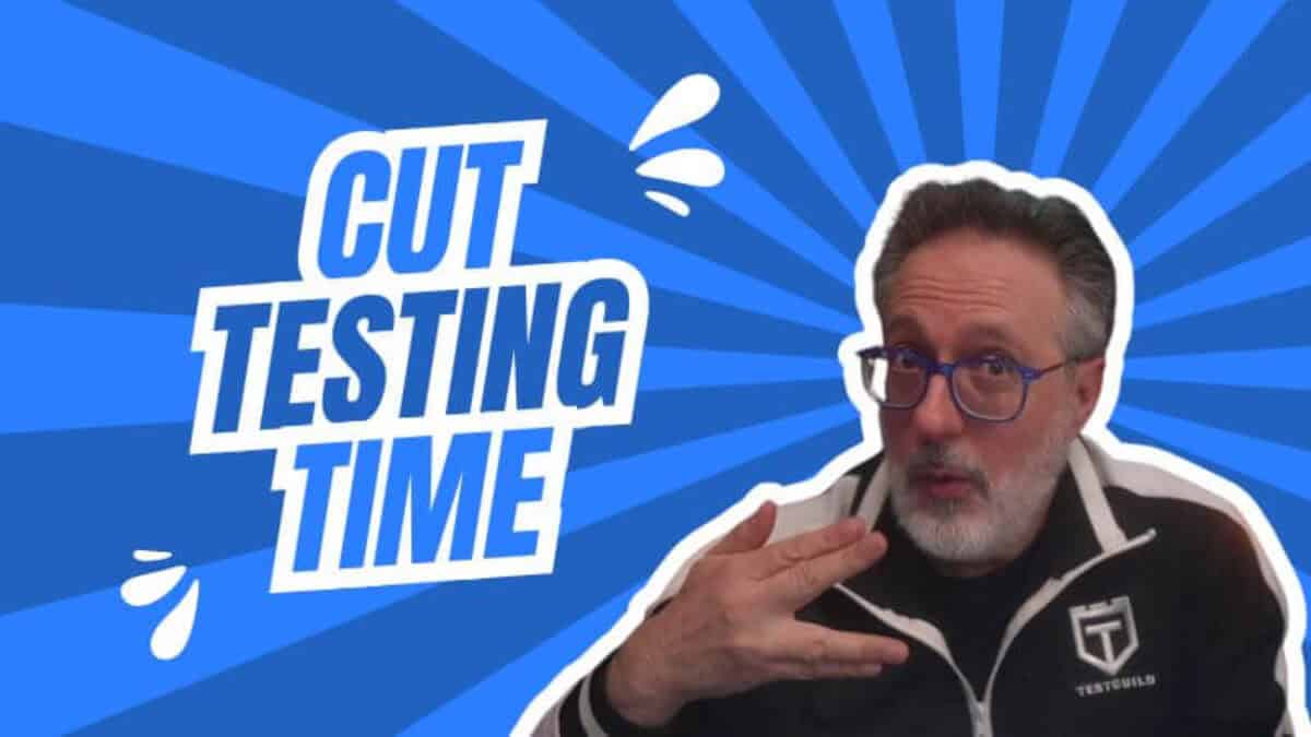 A person in glasses and a black jacket gestures with their hand against a blue backdrop with the bold text "Cut Testing Time in Half.