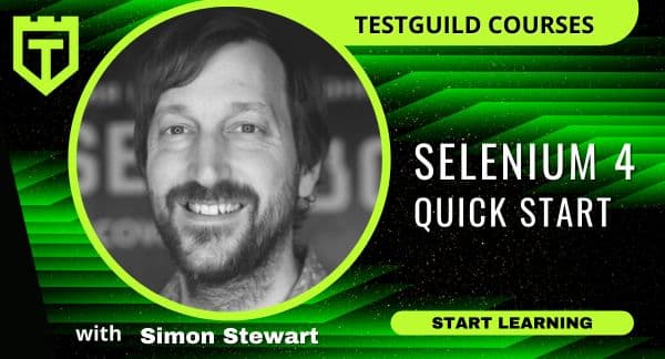 Promotional material for test automation courses featuring a Selenium 4 quick start class with an individual named Simon Stewart.