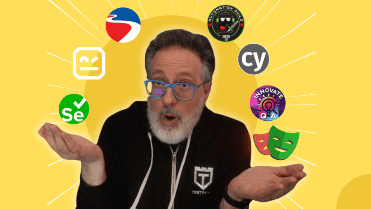 A person shrugs surrounded by various tech logos on a yellow background, symbolizing the fast-paced changes in software testing for the 2025 guide.