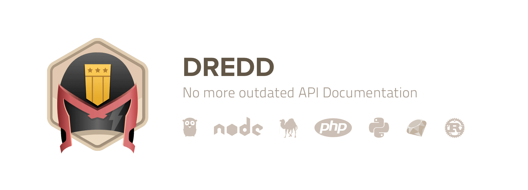 Logo and text for Dredd, a tool aimed at preventing outdated API documentation. Text reads: "Dredd - No more outdated API Documentation" with icons for various programming languages and API Testing Tools.