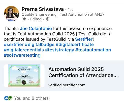 LinkedIn post by a user sharing their Automation Guild 2025 Certificate of Attendance, featuring hashtags related to digital credentials and software testing. LinkedIn post by a user sharing their Automation Guild 2025 Certificate of Attendance, featuring hashtags related to digital credentials and software testing.