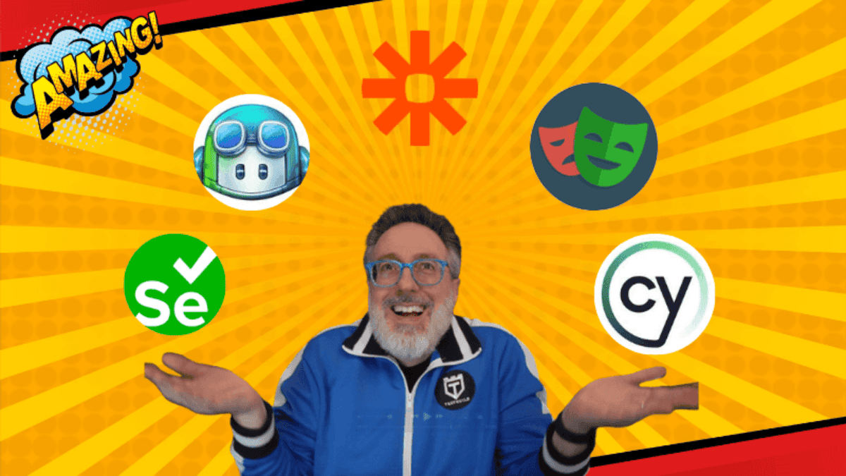 Person shrugging with five tech logos, including a robot and masks, orbiting them amidst a comic-style yellow background. "Amazing!" pops in the corner, hinting at the evolving world of Automation Tools and Model Context Protocol innovations like MCP Guide 2025.