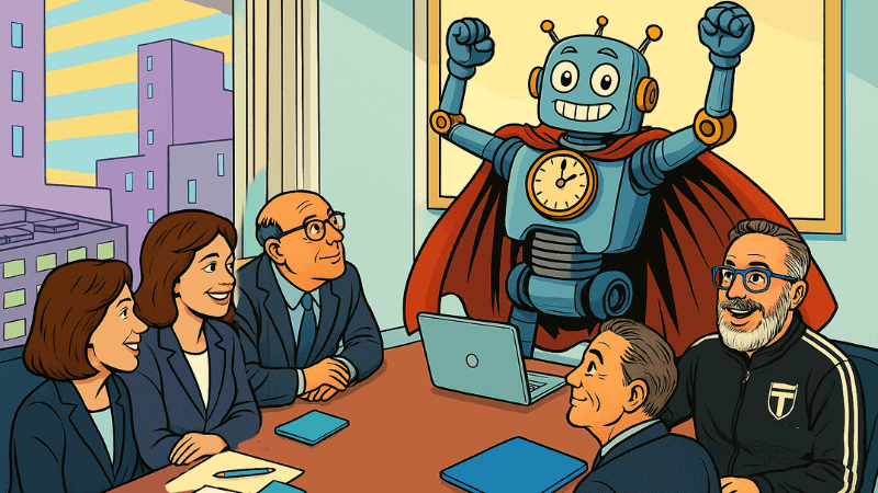 A cartoon robot with a clock on its chest and a red cape stands triumphantly at a conference table, surrounded by smiling CTOs in a meeting room.