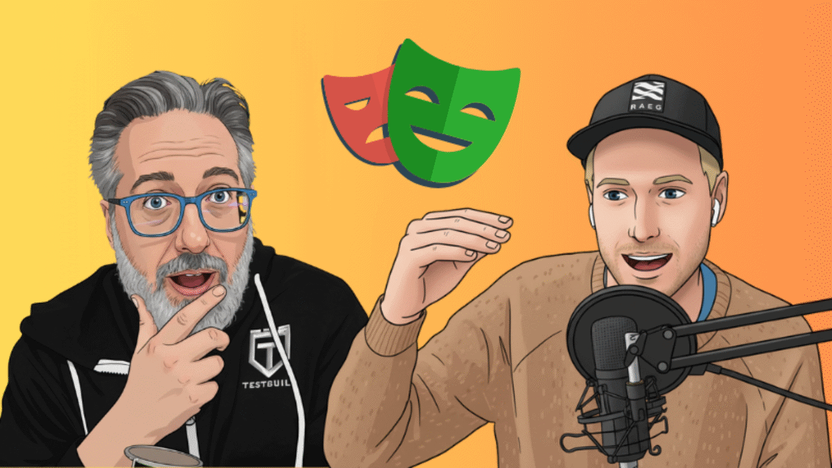 Two men are podcasting, one with glasses and a beard, the other wearing a cap and speaking into a microphone; comedy and tragedy masks are pictured between them as they discuss AI and test automation.