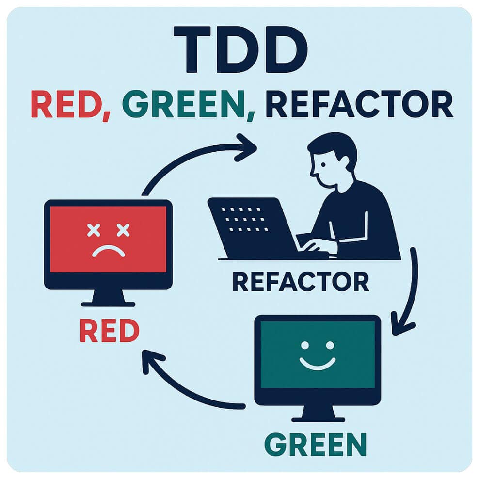 The diagram illustrates the Test Driven Development (TDD) cycle: "Red, Green, Refactor." A developer codes, leading to a failing red test, a passing green test, and then refactoring before repeating the TDD cycle.