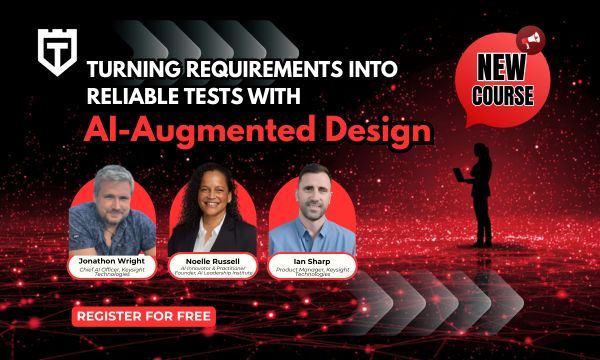 Banner promoting a free course on AI-Augmented Design with photos of three instructors and a red digital background. Text highlights reliable test creation and offers a registration button.