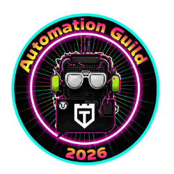 A circular badge with "Automation Guild 2026" text, featuring a robot with headphones and sunglasses on a neon radial background.