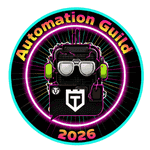 A circular badge with "Automation Guild 2026" text, featuring a robot wearing sunglasses and headphones in the center, surrounded by neon colors and a black background. A circular badge with "Automation Guild 2026" text, featuring a robot wearing sunglasses and headphones in the center, surrounded by neon colors and a black background.